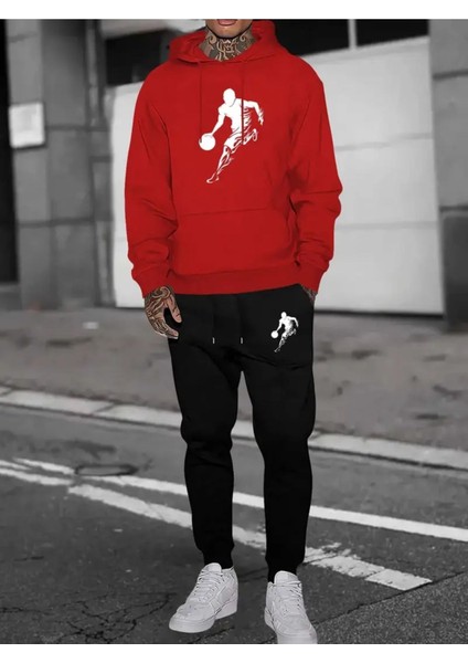 Eşofman Takımı Kapşonlu Basketbolcu Baskılı Şardonlu ve Pamuklu Yumuşak Kalın Ürün 2'li Set Combin