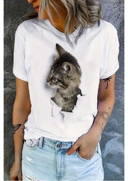 Kedi Baskılı Original Ünisex Pamuklu Yeni Sezon Yazlık T-Shirt