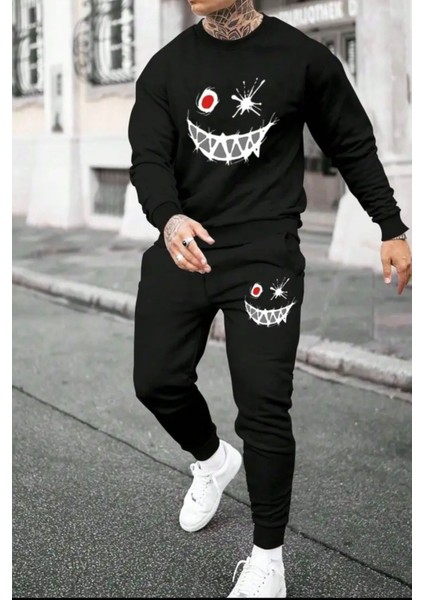 Eşofman Takımı Gülen Yüz Baskılı Unisex Kışlık Kalın Pamuklu Sweatshirt ve Eşofman Altı 2' Li Set