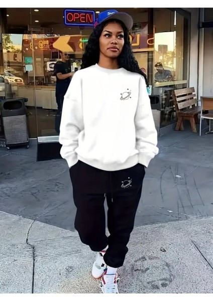 Eşofman Takımı Gezegen Baskılı Ünisex Kışlık Sweatshirt ve Eşofman Altı 2 Li Set Combin Pamuklu