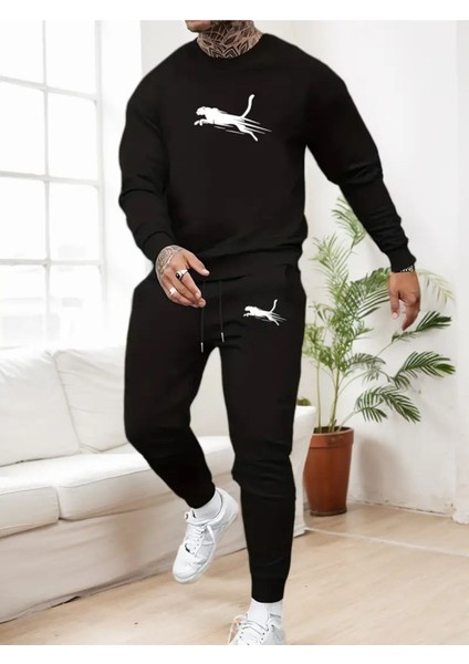 Eşofman Takımı Leopar Baskılı Unisex Kışlık Kalın Pamuklu Sweatshirt ve Eşofman Altı 2' Li Set