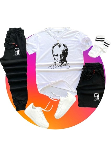 Mustafa Kemal Atatürk Baskılı Original Ünisex Yazlık Şort T-Shirt Eşofman Altı 3 Lü Set Combin Takım