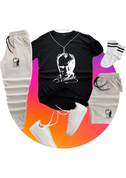 Mustafa Kemal Atatürk Baskılı Original Ünisex Yazlık Şort T-Shirt Eşofman Altı 3 Lü Set Combin Takım