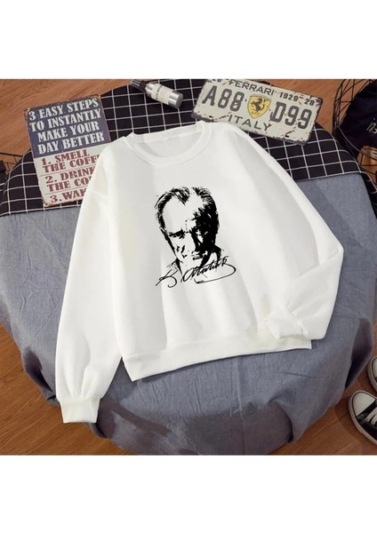 Atatürk Baskılı Unisex Kışlık Sweatshirt Beyaz
