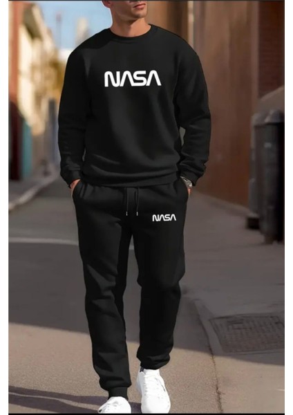 Eşofman Takımı Nasa Baskılı Unisex Kışlık Kalın Pamuklu Sweatshirt ve Eşofman Altı 2' Li Set