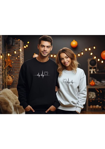 Sweatshirt Sevgili Combin Kalp Nabız Baskılı Pamuklu Kalın ve Yumuşak Ürün Içi Şardonlu 2 'li Set fırsatları