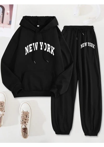Eşofman Takımı Kapşonlu New York Baskılı Şardonlu ve Pamuklu Yumuşak Kalın Ürün 2'li Set Combin