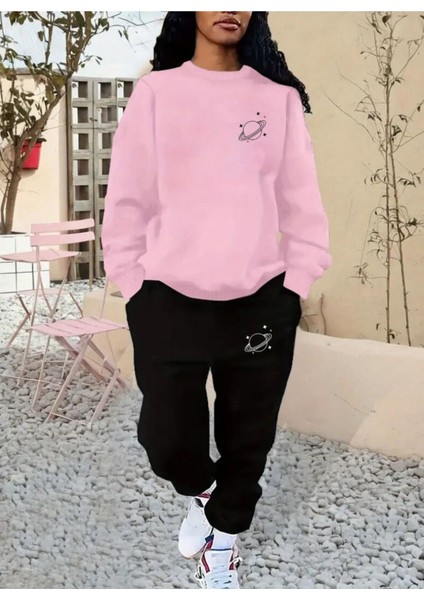 Eşofman Takımı Gezegen Baskılı Ünisex Kışlık Sweatshirt ve Eşofman Altı 2 Li Set Combin Pamuklu