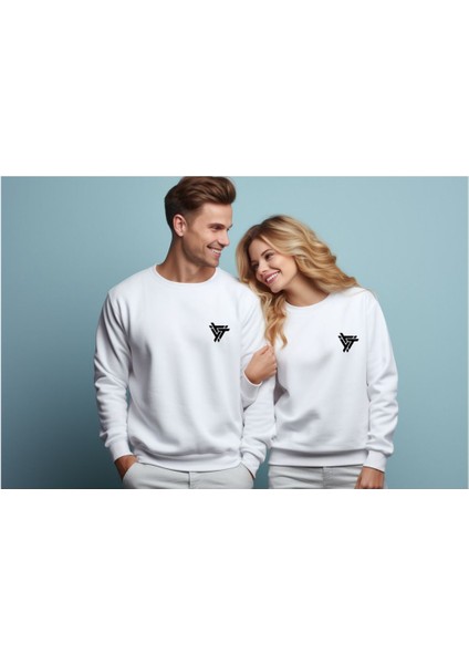 Sweatshirt Üçgen Baskılı Sevgili Combin Pamuklu Kalın ve Yumuşak Ürün Içi Şardonlu 2 'li Set Takım
