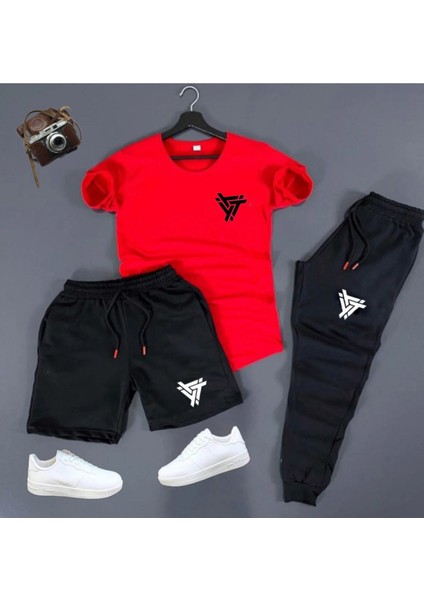 Eşofman Takımı Üçgen Baskılı Ünisex Yazlık Şort - T-Shirt - Eşofman Altı 3 Lü Set Combin Takım