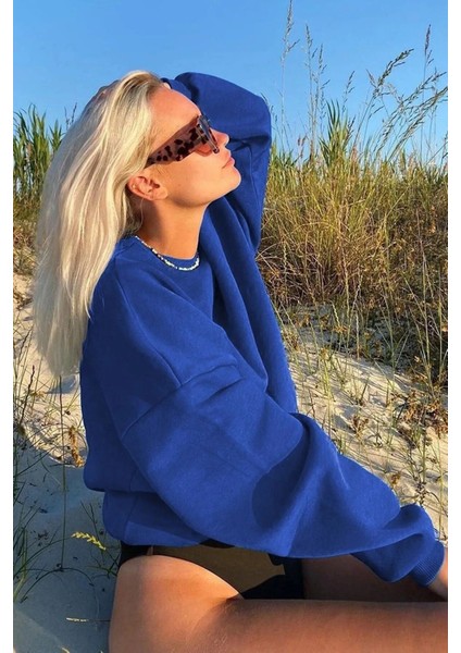 Unisex Sax Mavi Baskısız Bisiklet Yaka Oversize Sweatshirt