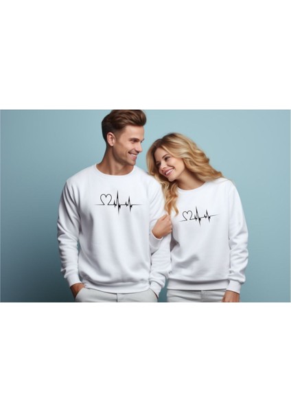 Sweatshirt Sevgili Combin Kalp Nabız Baskılı Pamuklu Kalın ve Yumuşak Ürün Içi Şardonlu 2 'li Set