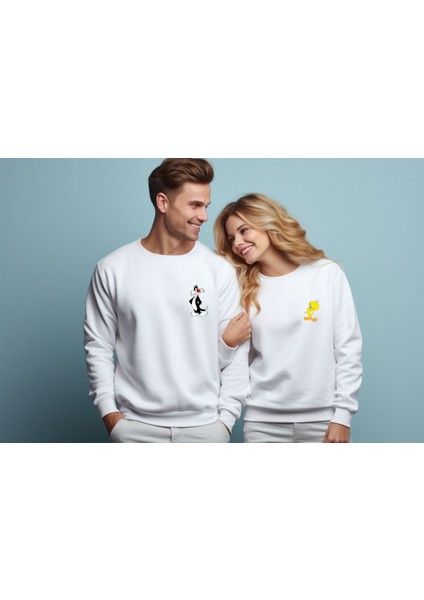 Sweatshirt Sevgili Combin Sylvester & Tweety Baskılı Pamuklu Kalın ve Yumuşak Ürün Şardonlu 2'li Set