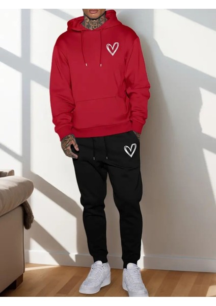 Eşofman Takımı Kapşonlu Kalp Baskılı Şardonlu ve Pamuklu Yumuşak Kalın Ürün 2'li Set Combin