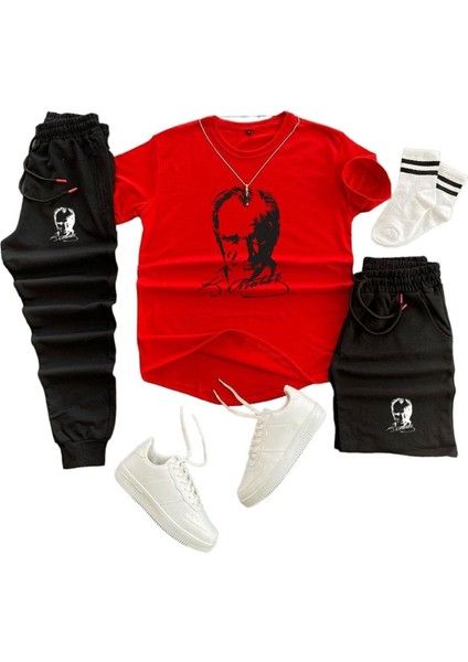 Mustafa Kemal Atatürk Baskılı Original Ünisex Yazlık Şort T-Shirt Eşofman Altı 3 Lü Set Combin Takım