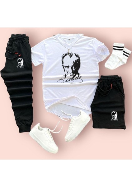 Mustafa Kemal Atatürk Baskılı Original Ünisex Yazlık Şort T-Shirt Eşofman Altı 3 Lü Set Combin Takım