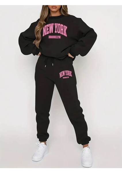 Eşofman Takımı Ny Baskılı Unisex Kışlık Kalın Pamuklu Sweatshirt ve Eşofman Altı 2' Li Set