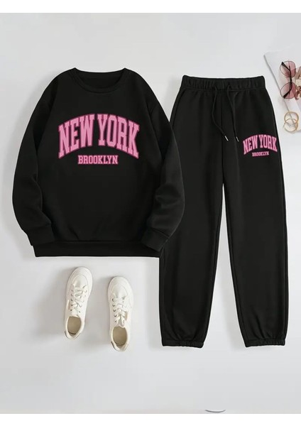 Eşofman Takımı Ny Baskılı Unisex Kışlık Kalın Pamuklu Sweatshirt ve Eşofman Altı 2' Li Set