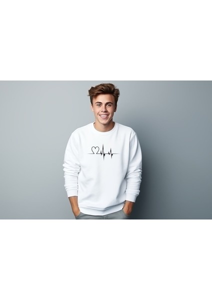 Sweatshirt Kalp Nabız Baskılı Pamuklu Kalın ve Yumuşak Ürün Içi Şardonlu
