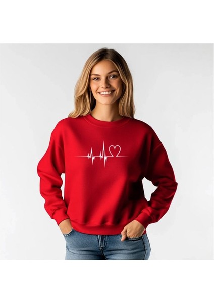 Sweatshirt Kalp Nabız Baskılı Pamuklu Kalın ve Yumuşak Ürün Içi Şardonlu fırsatları