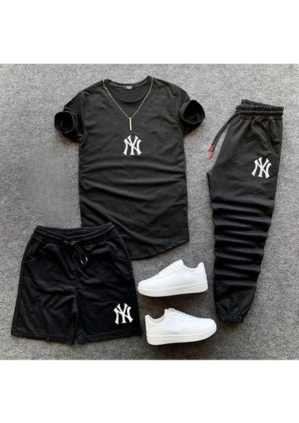 Ny Baskılı Original Ünisex Yazlık Şort T-Shirt Eşofman Altı 3 Lü Set Combin Takım