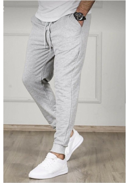 Unisex Baskısız Kışlık Eşofman Altı Gri Pamuklu ve Şardonlu