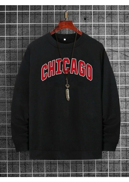 Unisex Chicago Baskılı Bisiklet Yaka Oversize Sweatshirt