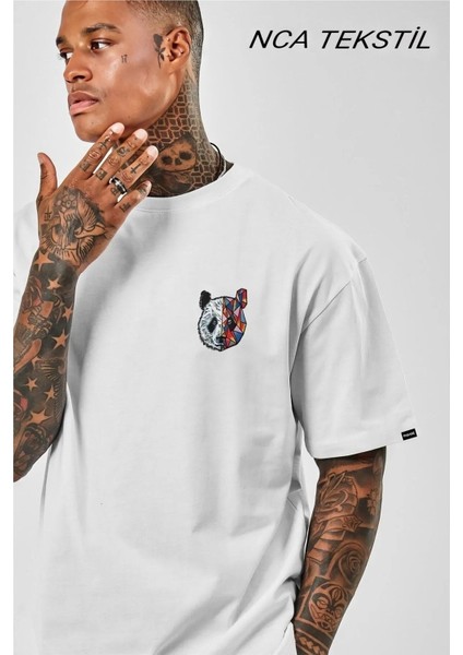Panda Baskılı Original Ünisex Yazlık T-Shirt Beyaz