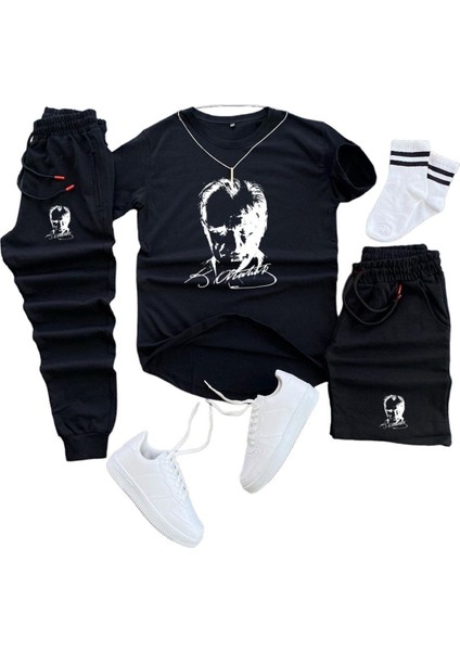 Mustafa Kemal Atatürk Baskılı Original Ünisex Yazlık Şort T-Shirt Eşofman Altı 3 Lü Set Combin Takım