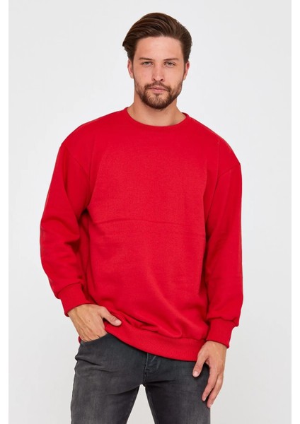 Unisex Kırmızı Baskısız Bisiklet Yaka Sweatshirt