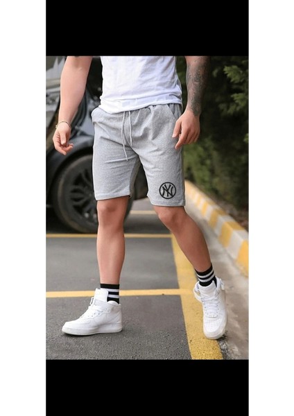 Ny Baskılı Original Unisex Şort Yazlık Gri