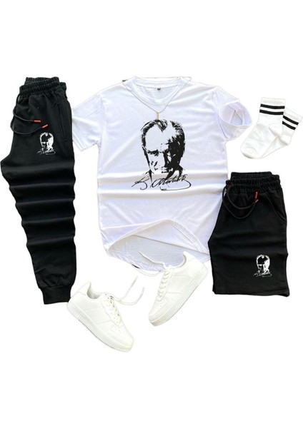 Mustafa Kemal Atatürk Baskılı Original Ünisex Yazlık Şort T-Shirt Eşofman Altı 3 Lü Set Combin Takım
