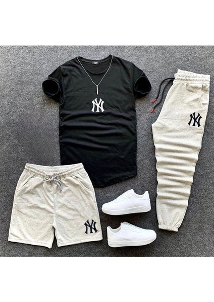 Ny Baskılı Original Ünisex Yazlık Şort T-Shirt Eşofman Altı 3 Lü Set Combin Takım