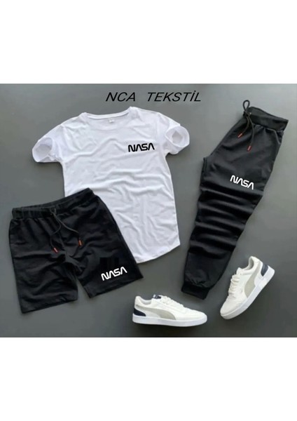 Nasa Baskılı Unisex Yazlık Şort T-Shirt Eşofman Altı 3 Lü Set Combin Takım