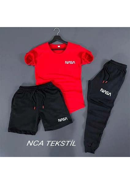 Nasa Baskılı Unisex Yazlık Şort T-Shirt Eşofman Altı 3 Lü Set Combin Takım modelleri