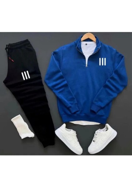 Unisex Üç Çizgi Baskılı Yarım Fermuarlı Sweatshirt-Eşofman Altı Set Kombin