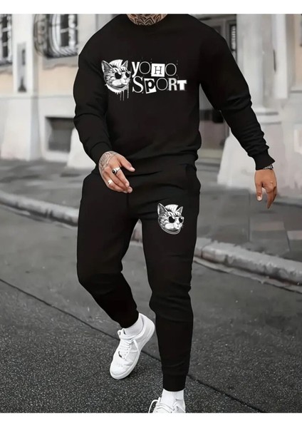 Eşofman Takımı Kedi Baskılı Ünisex Kışlık Kalın Sweatshirt ve Eşofman Altı 2 Li Set Combin Takım