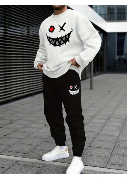 Eşofman Takımı Gülen Yüz Baskılı Unisex Kışlık Kalın Pamuklu Sweatshirt ve Eşofman Altı 2' Li Set