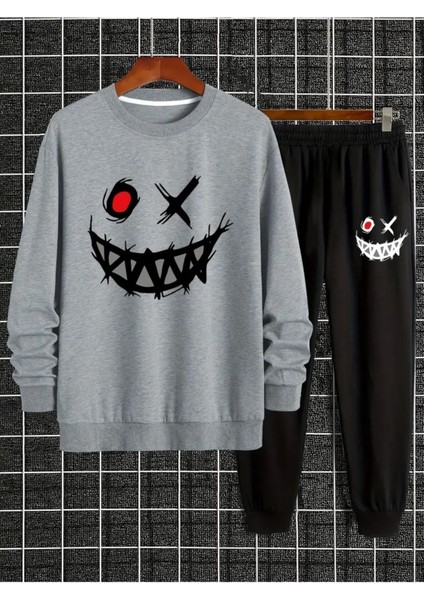 Eşofman Takımı Gülen Yüz Baskılı Unisex Kışlık Kalın Pamuklu Sweatshirt ve Eşofman Altı 2' Li Set