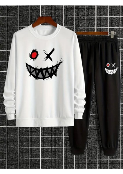 Eşofman Takımı Gülen Yüz Baskılı Unisex Kışlık Kalın Pamuklu Sweatshirt ve Eşofman Altı 2' Li Set