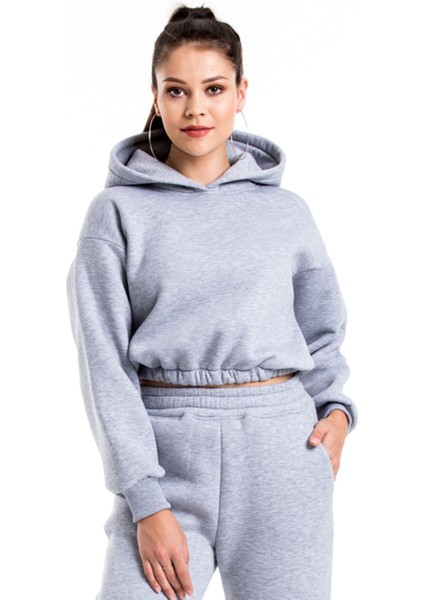 Crop Eşofman Takımı Siyah Kapşonlu 3 Iplik Yumuşak ve Kalın %100 Pamuklu Ürün Yeni Sezon 2'li Takım