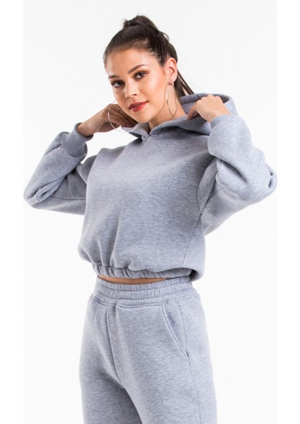 Crop Eşofman Takımı Siyah Kapşonlu 3 Iplik Yumuşak ve Kalın %100 Pamuklu Ürün Yeni Sezon 2'li Takım modelleri