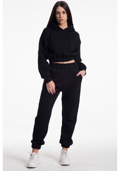 Crop Eşofman Takımı Siyah Kapşonlu 3 Iplik Yumuşak ve Kalın %100 Pamuklu Ürün Yeni Sezon 2'li Takım fırsatları