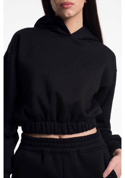 Crop Eşofman Takımı Siyah Kapşonlu 3 Iplik Yumuşak ve Kalın %100 Pamuklu Ürün Yeni Sezon 2'li Takım indirimleri