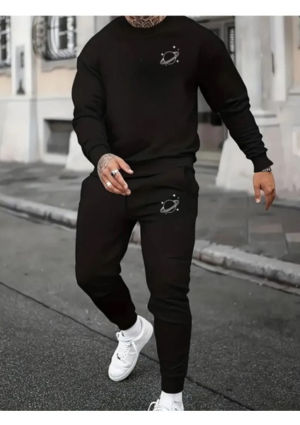 Eşofman Takımı Gezegen Baskılı Ünisex Kışlık Sweatshirt ve Eşofman Altı 2 Li Set Combin Pamuklu