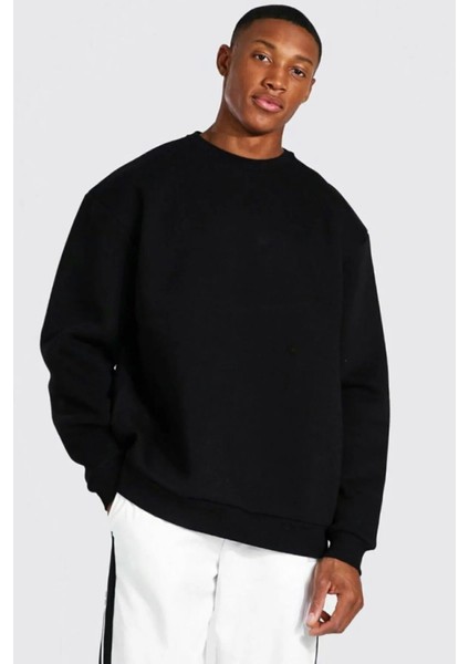 Unisex Siyah Baskısız Bisiklet Yaka Sweatshirt