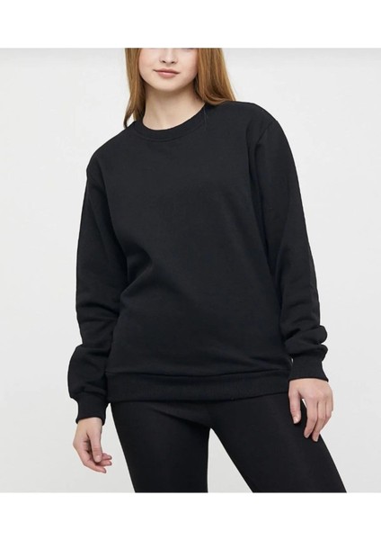 Unisex Siyah Baskısız Bisiklet Yaka Sweatshirt