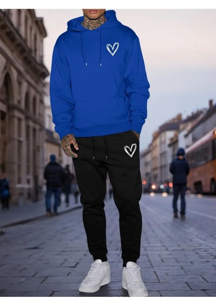 Eşofman Takımı Kapşonlu Kalp Baskılı Şardonlu ve Pamuklu Yumuşak Kalın Ürün 2'li Set Combin