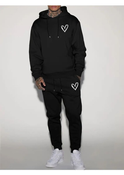 Eşofman Takımı Kapşonlu Kalp Baskılı Şardonlu ve Pamuklu Yumuşak Kalın Ürün 2'li Set Combin fırsatları