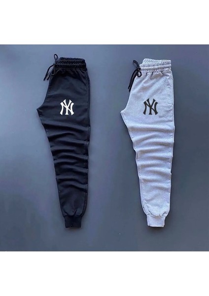 Yanki Ny Baskılı Original Ünisex Kışlık Eşofman Altı 2 Li Set Combin Takım Siyah Gri